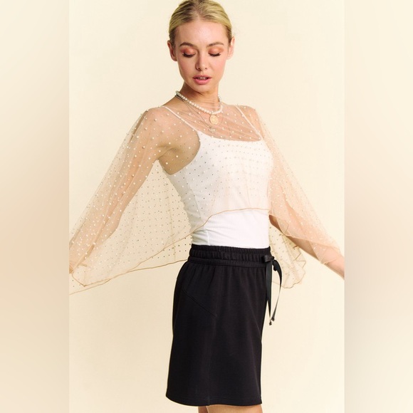 266B. Pearl Rhinestone Embellished Mesh Topper Cape - Nude - Picture 7 of 10